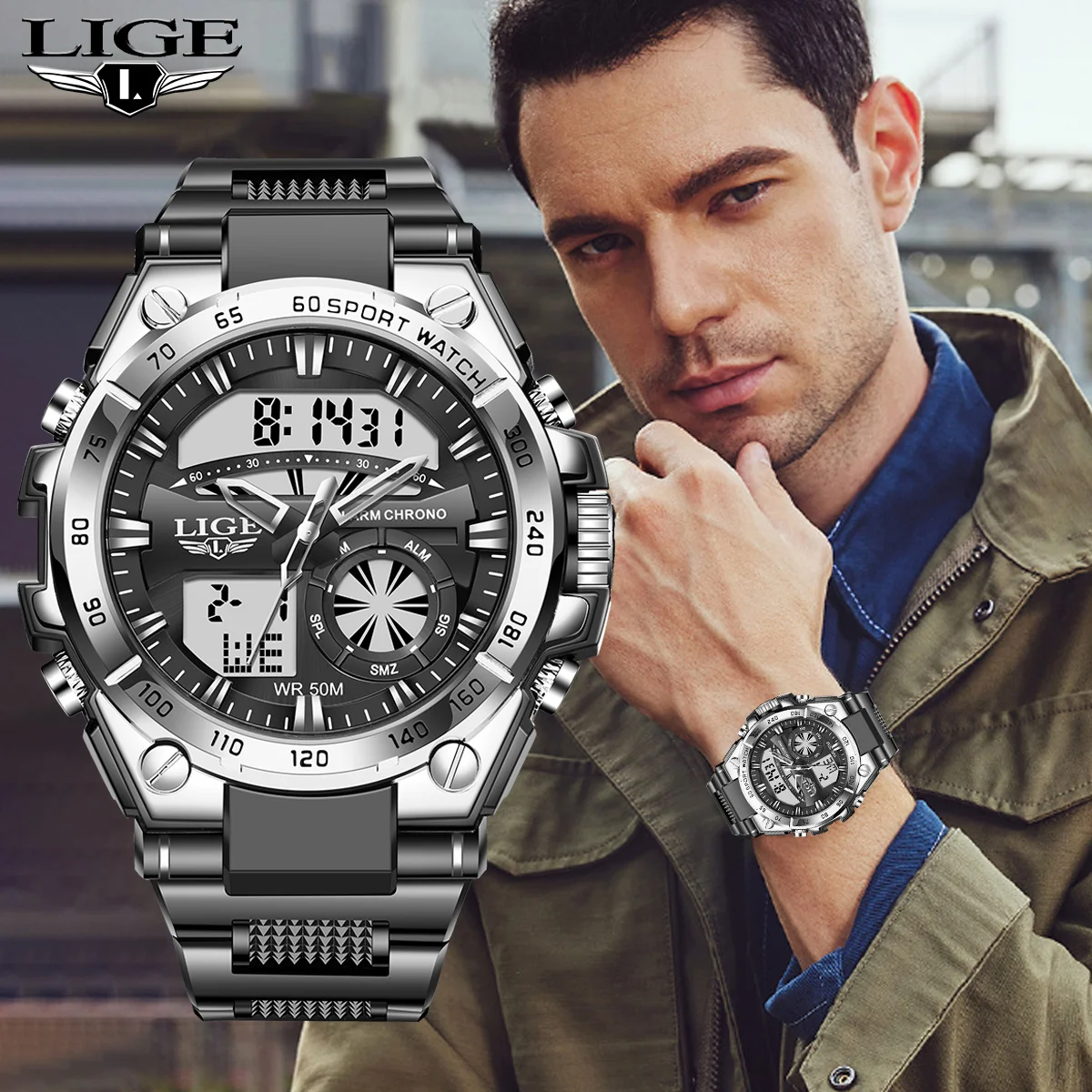 

LIGE военные мужские часы цифровой двойной дисплей 50 м водонепроницаемые спортивные мужские наручные часы модные светодиодные светящиеся кварцевые часы для мужчин