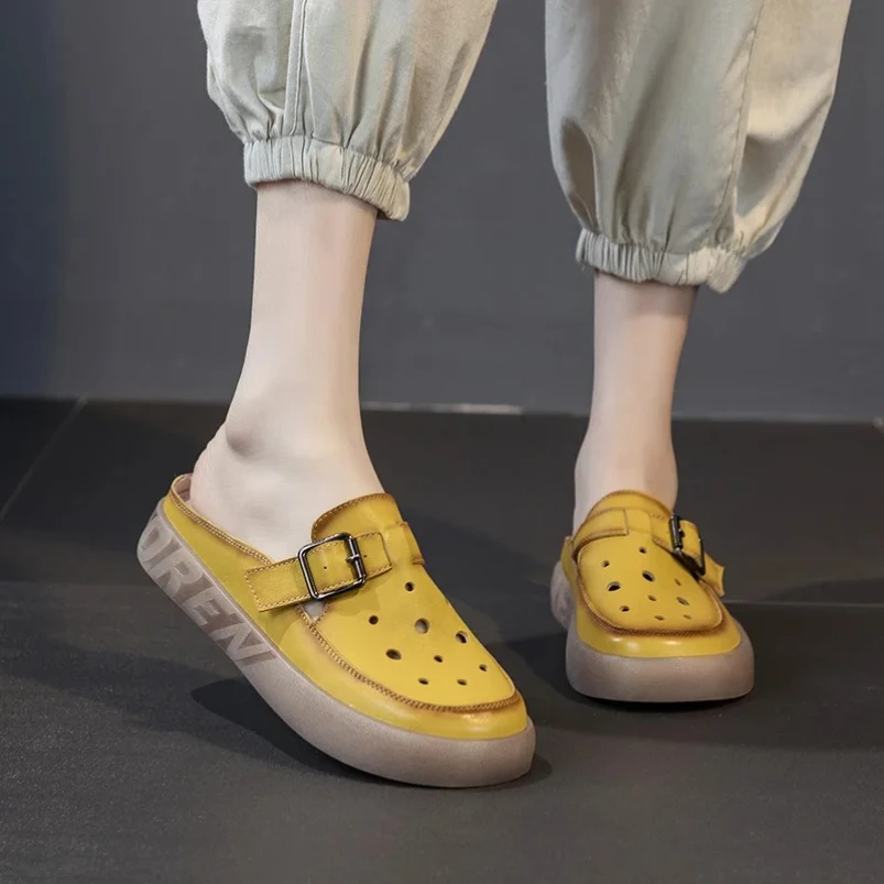 2025 المرأة أحذية السيف الجلدية المرأة الصيف عقال النعال اللكم الصنادل كاملة الكعب مريحة كعب ثقب الأحذية 3 سنتيمتر