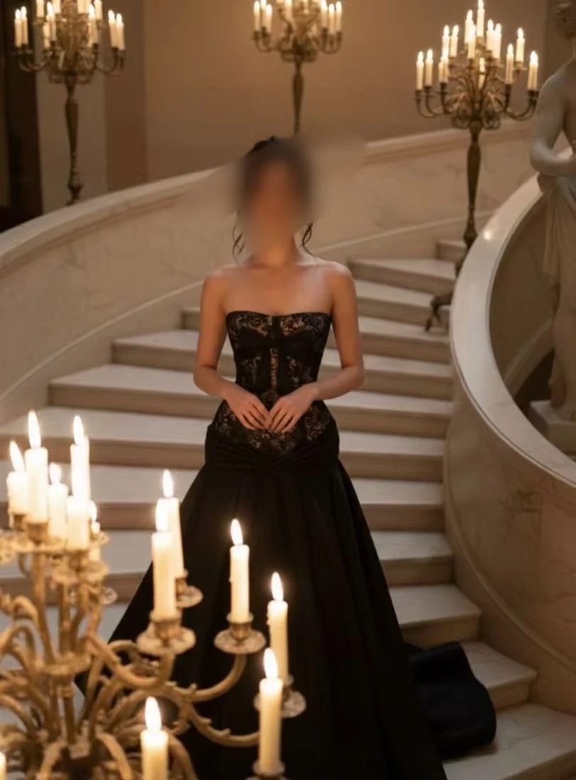 Customized Evening Dress Black Strapless Lace Corset Ball Gown with Tulle Skirt and Elegant Floor-Length Silhouette
