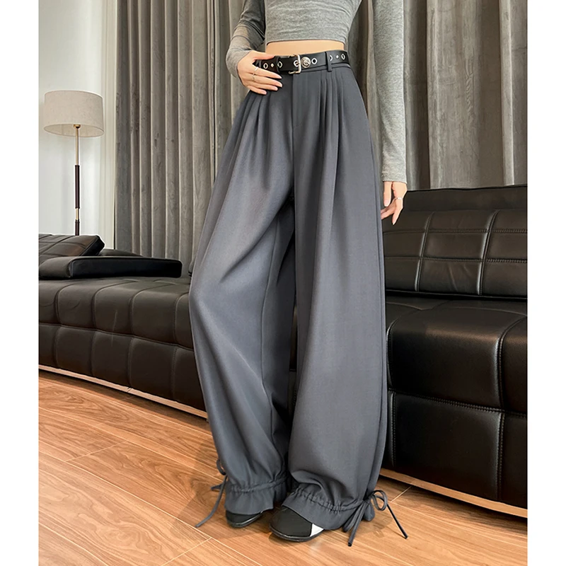 Fashion Casual Belt Suit Pants Women Autumn Folds Lace Up High Waist Wide Leg Pants Office Lady Loose All Match Solid Bloomers