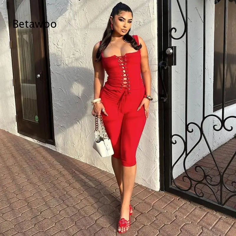 Ensemble 2 pièces pour femmes, haut court sans manches style corset et pantalon taille haute assorti, tenue moulante de couleur unie pour soirée