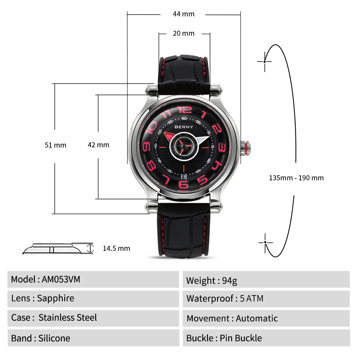 BERNY Men\'s Mechanical Watch Sapphire Miyota 8215 Multifunction Super Luminous Watch Compass Tire Dial Cool Play Men Wristwatch