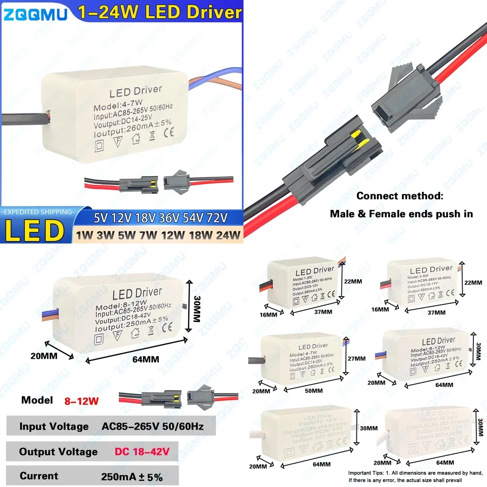 

LED Driver Constant Current Wide Voltage 85-265V 1-3W 4-7W 8-12W 18-24W 25-36W Power Supply for LED Downlight Ceiling Light