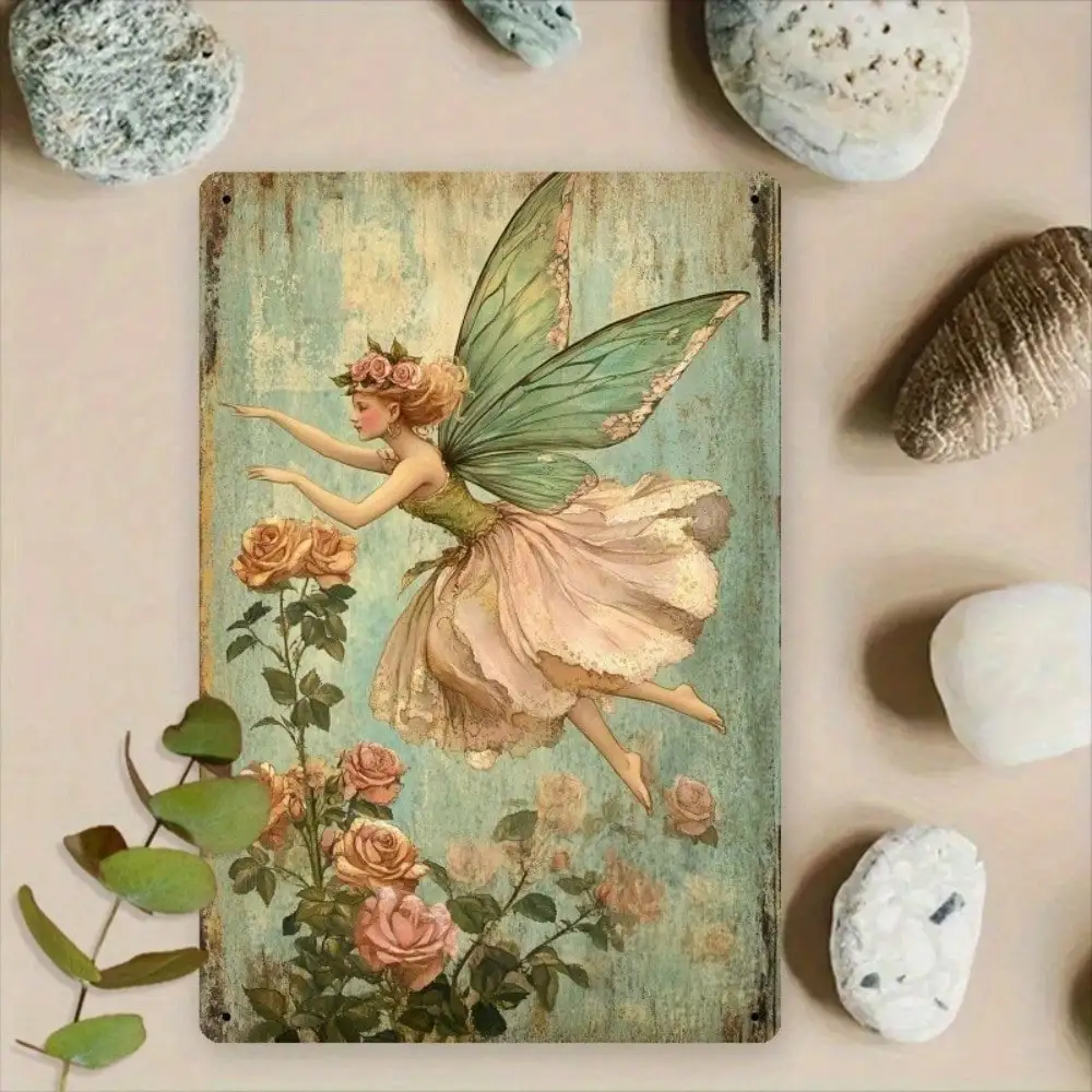 EliteGift Vintage Metal Sign 8x12 Inch, Romantic Fairy Rose Floral Wall Decor for Kitchen Garden Pub, Rustic Retro Home Art Deco