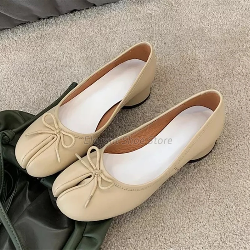 

Genuine Leather Split Toe Pumps Women's Bowknot Mid Heel Ballet Shoes Round Heel Shallow Loafers Summer Comfortable Casual Shoes