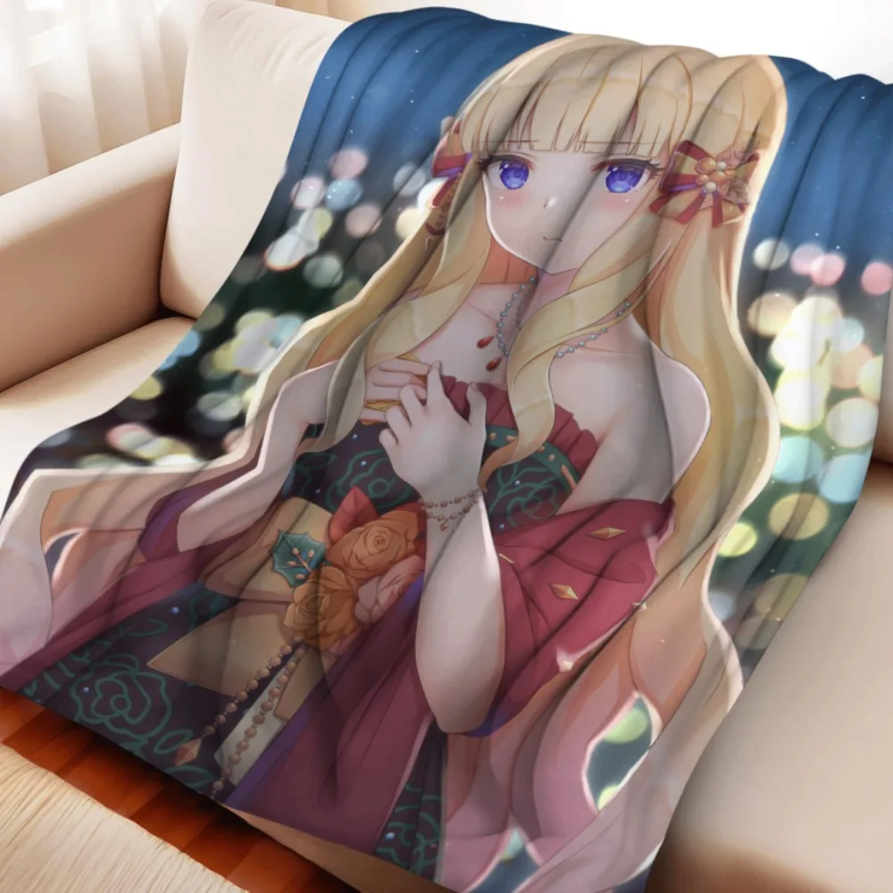 Anime Flannel Throw Blanket Pecorine Print Long Blonde Hair Girl Evening Dress Warm Sofa Bed Blanket Fan Gift