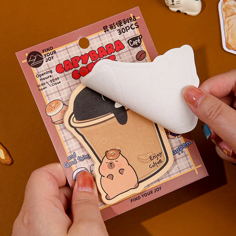 30 Buah/Set Catatan Tempel Kopi Kapibara Kartun Lucu Kartun Siswa Jurnal Meninggalkan Pesan Bantalan Memo Catatan Tempel untuk Siswa