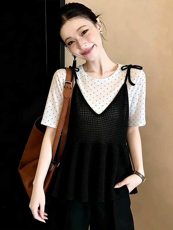 

Summer New plus Size Polka Dot Strap Two Piece Set Fashionable Trendy Belly Cover Slimming Top Commute Style Short Sleeve