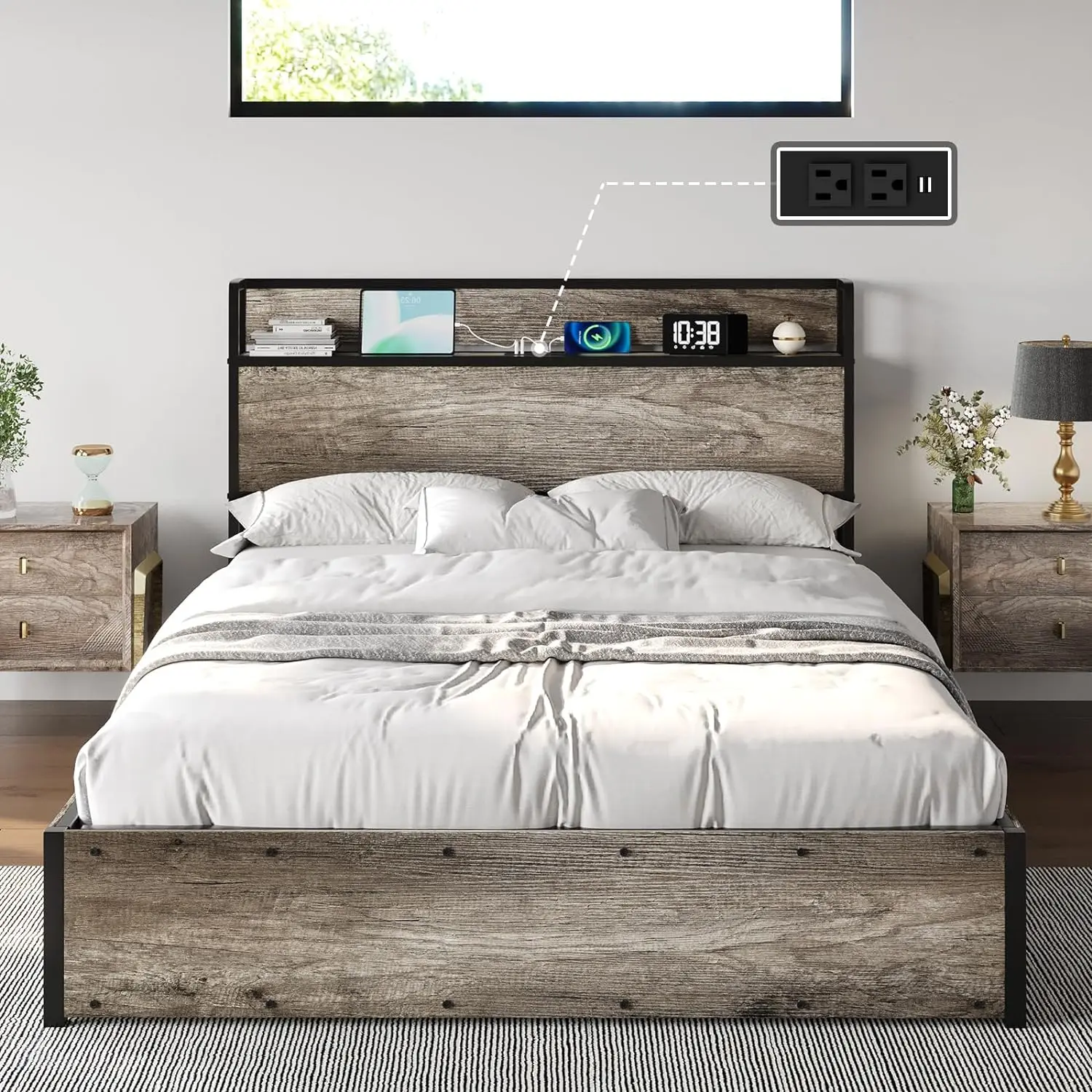 Full Size Lift Up Storage Bed Frame, Wooden Platform Bed Frame with Lifting Storage & Charging Station, Rustic Grey