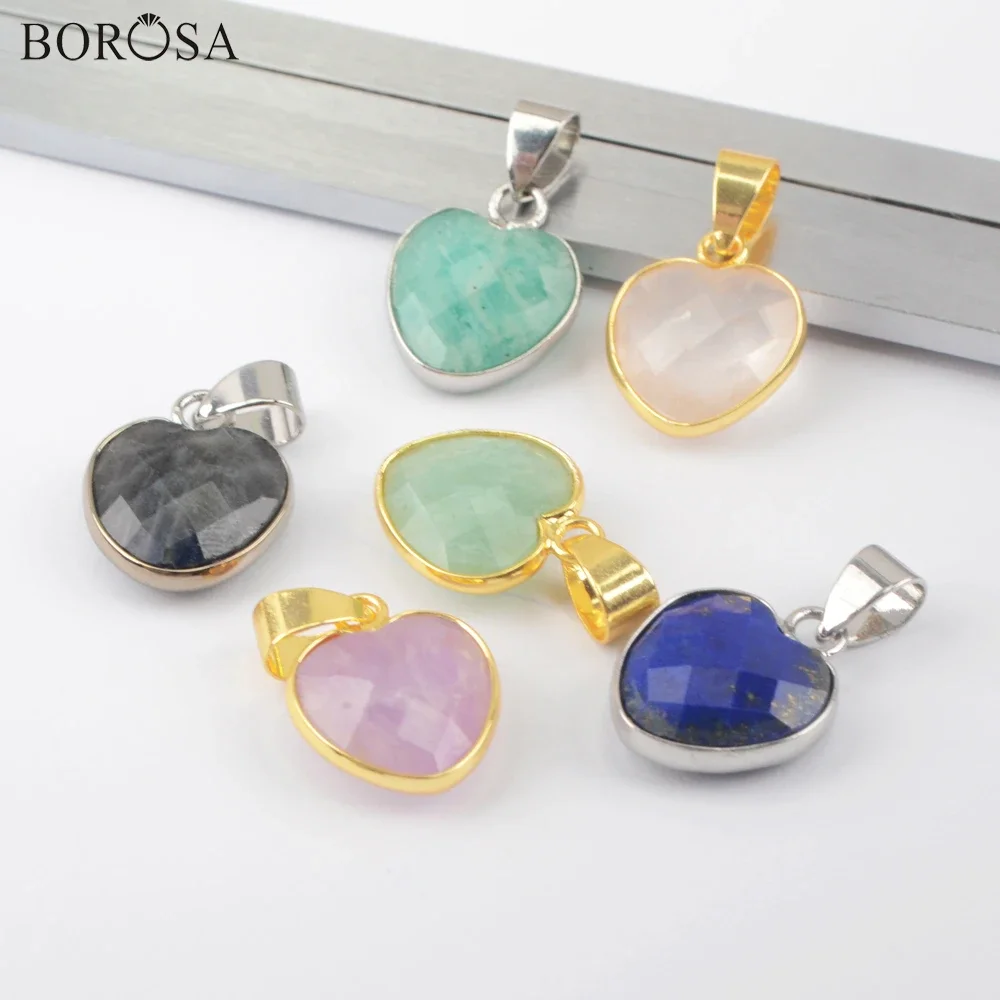

BOROSA 5/10pcs Fashion Natural Gemstone Beads Faceted Necklace Pendant Heart Shape Golden Plated Stone Beads for Jewelry Making