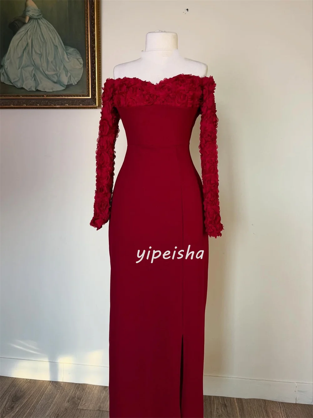 Customized High Quality Matching Jersey Handmade Flower Pleat Straight Strapless Long Dresses Bespoke Occasion Dresses Fashion