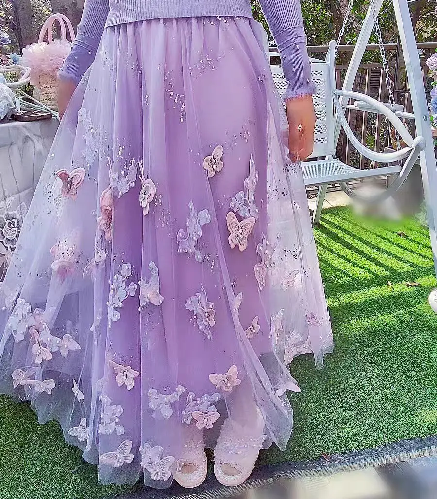 

New In Spring Summer 2025 3D Embroidery Butterfly Stitch Skirt Elastic Waist Big Swing Mid-length Skirts Women Clothing faldas