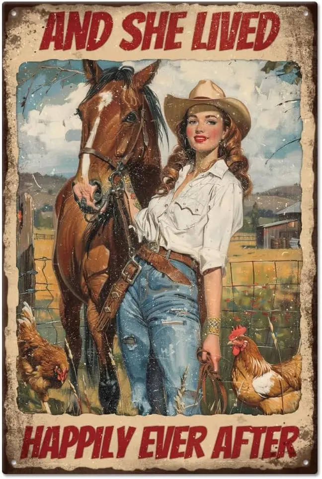 And She Lived Happily Ever After Funny Horse Woman Metal Tin Sign in for Garage Garden Signs Art Plaque Poster Wall Decor Home