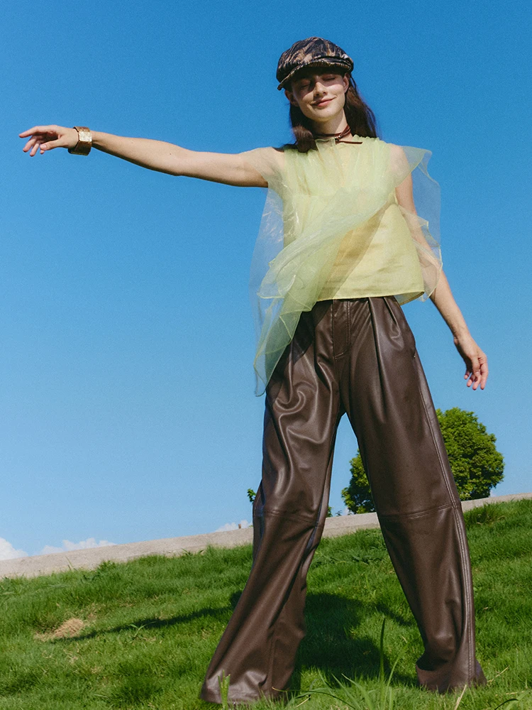 

Коричневые прямые леггинсы из протеиновой кожи для ранней весны, универсальные длинные брюки Asilike25, повседневные брюки Original Sle