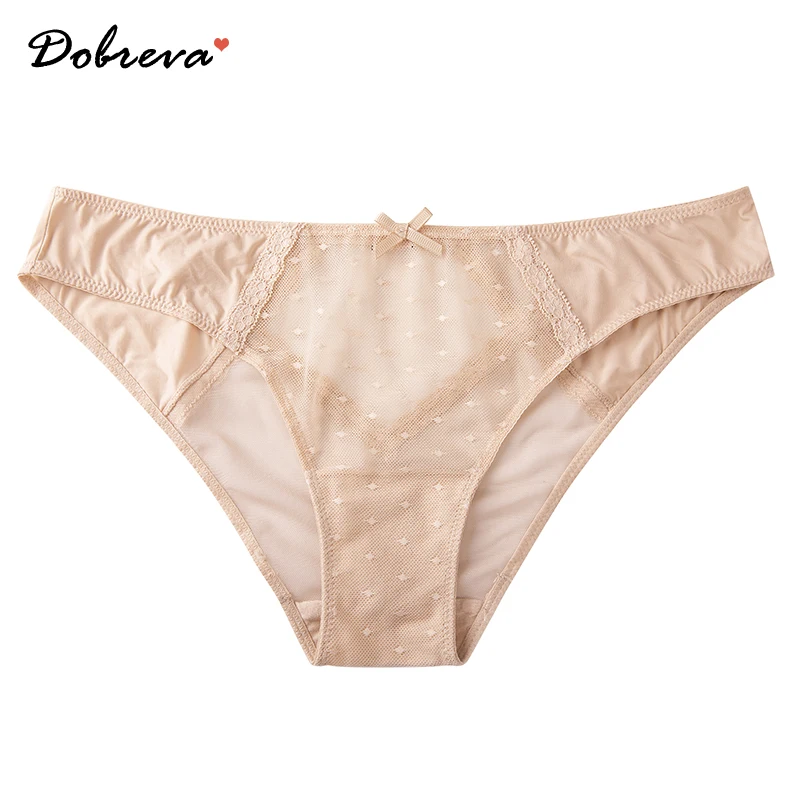 DOBREVA Women's Low Rise Sexy Mesh Hipsters Lace Bikini Panties Transparent Underwear Bow Black Beige