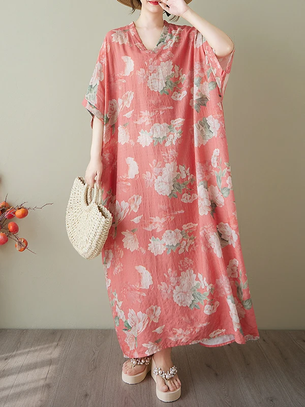 Vestido de Aodão e Linho até o Joelho, Decote em V, Estampado, Solto, Manga Curta, Vestido de Verão em Forma de H para Uso ...