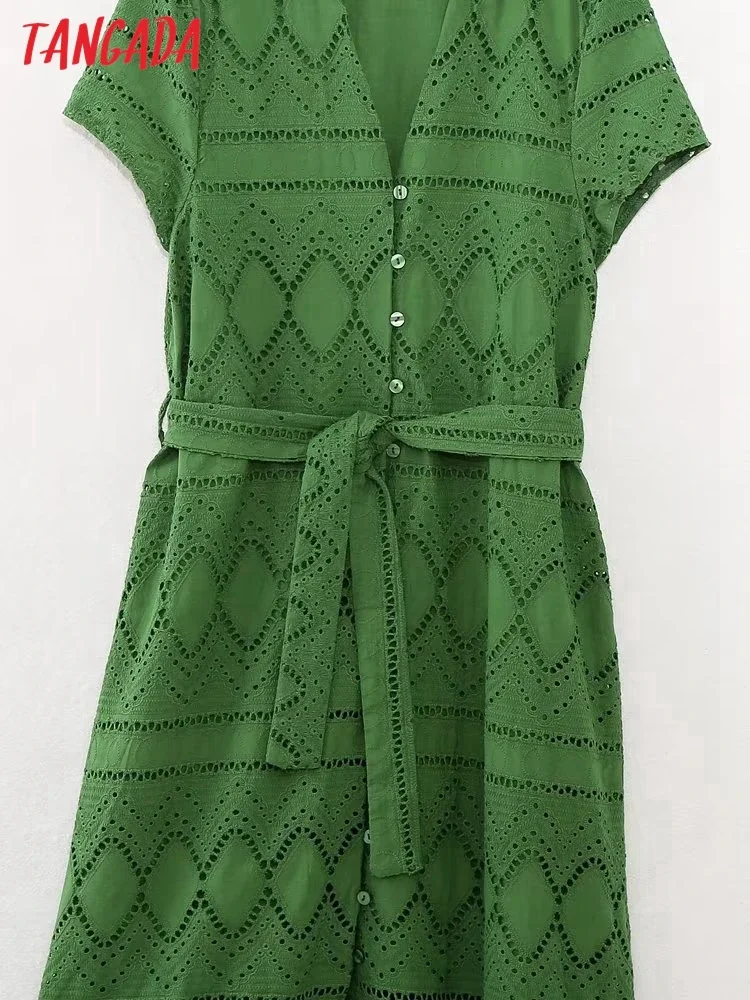 Tangada 2023 Summer Women Green Hollow Embroidery Dress With Slash Short Sleeve Female Vintage Midi Dress 6H410