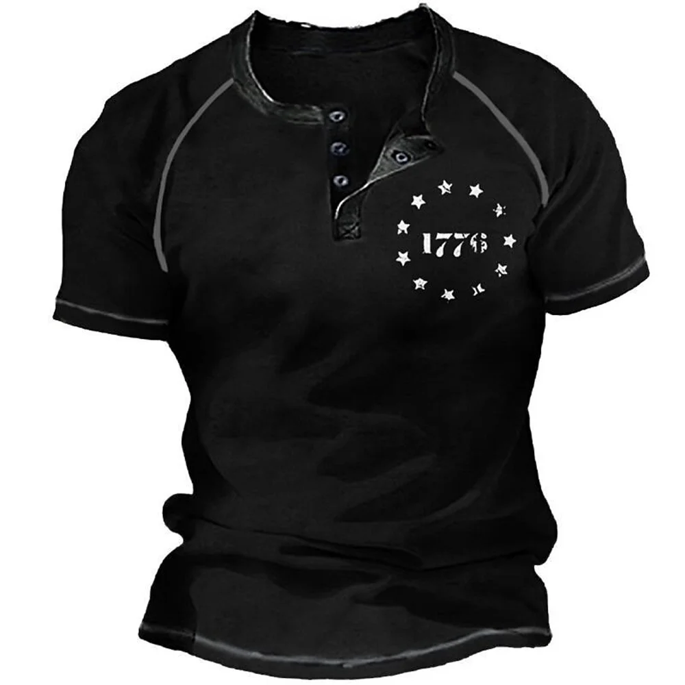 

Summer Men's Henry Shirts Funny 3D Letter Print Tees Street Trend Vintage Clothes Fashion Henry Collar Short Sleeve Loose Tops