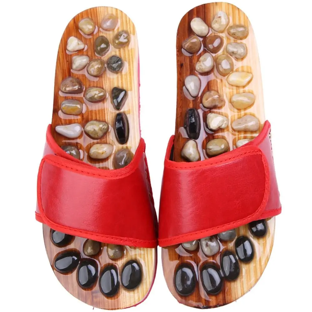 Natural Pebbles Acupressure Massage Slippers Rotating Anti-slip Massage Stone Sandals Adjustable Relaxation Foot Massager Shoes