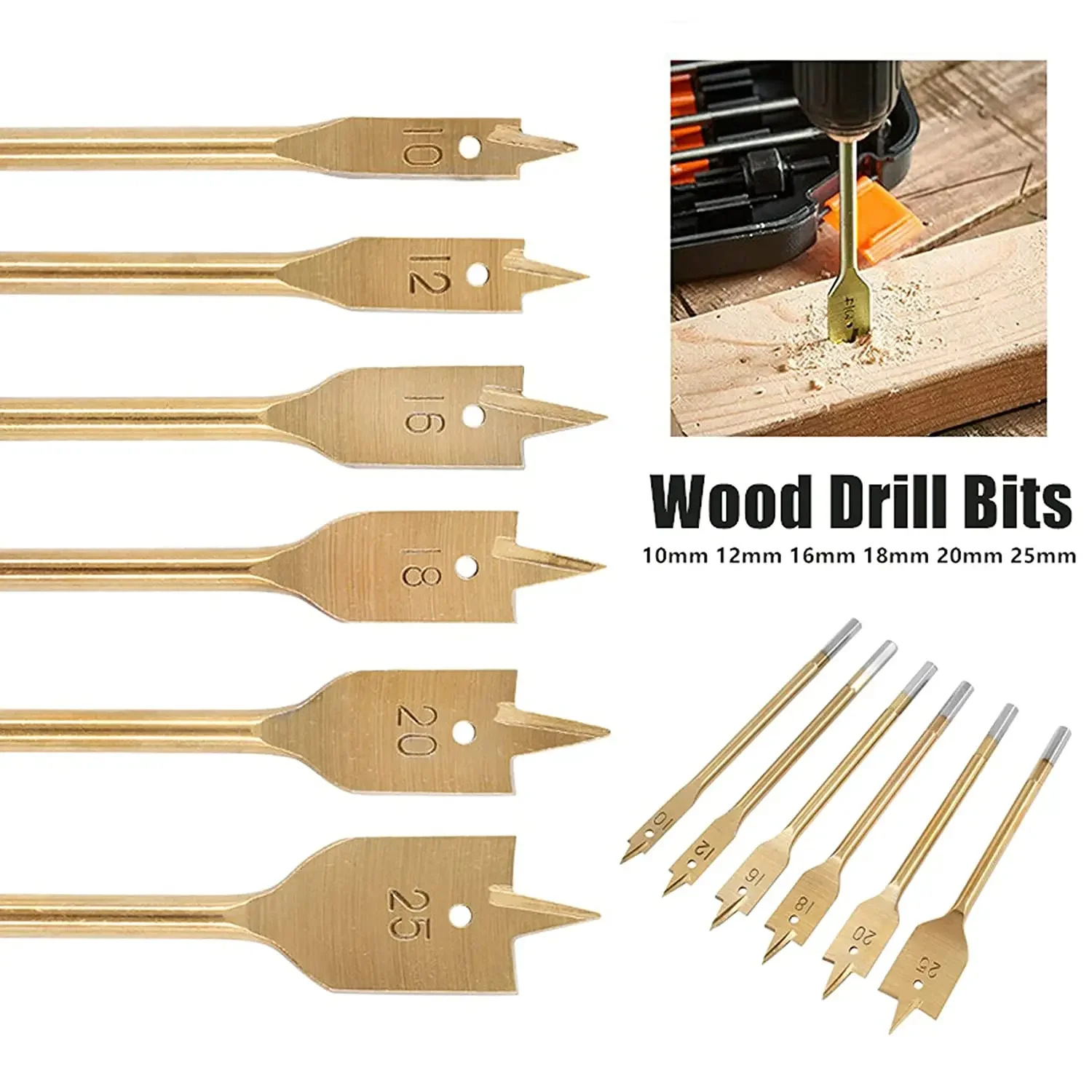 6 Pack Spade Drill Bit Set Paddle Flat Bits Hole Cutter Titanium Coating Carbon Steel Woodworking Tool 10-25mm