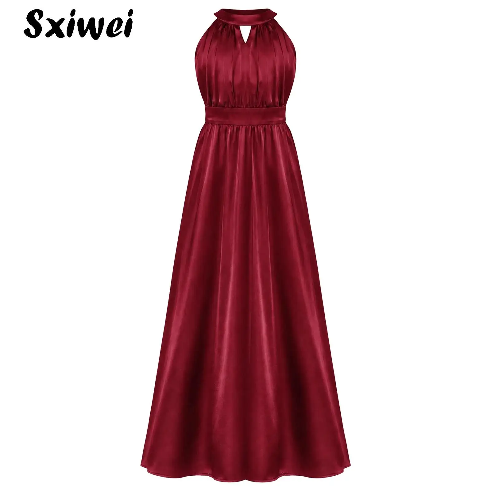 Kids Girls Elegant Satiny Pageant Gown Sleeveless Child Ruched Bodice High Waist Bridesmaid Dress for Wedding Birthday Party