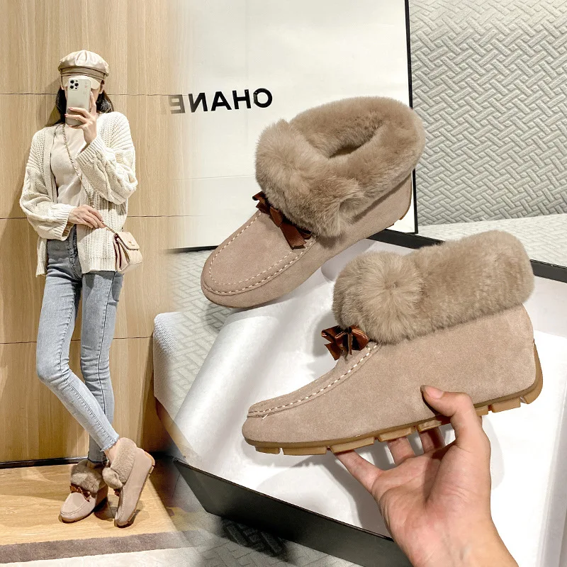 Promotional Snow Boots 2023 New Warm Women's Boots Cotton Shoes Plush Rabbit Fur Shoes with Elevated Inner Leather Bean Shoes