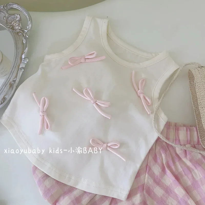 Girls' 2-Piece Boutique Set - Bow-Tie Sleeveless Vest + Plaid Print Shorts Toddler Baby Outfit Kids Boutique Clothes