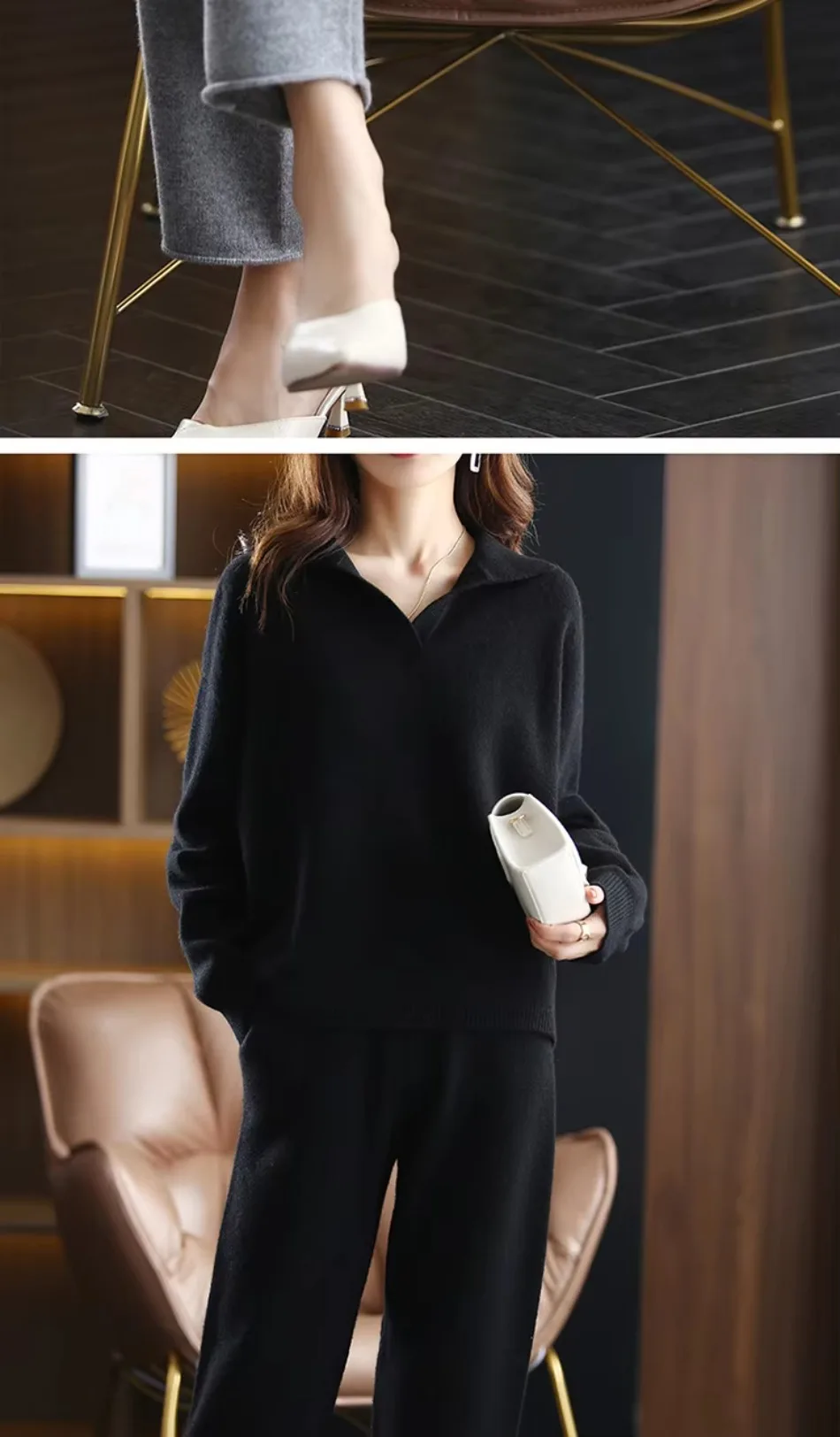Winter 2026 Neuer Kaschmiranzug für Damen, lockerer Pullover mit Revers, lässige, weit geschnittene Hose, gestrickt, 100 % reine Wolle, zweiteiliger Anzug – Detail 17