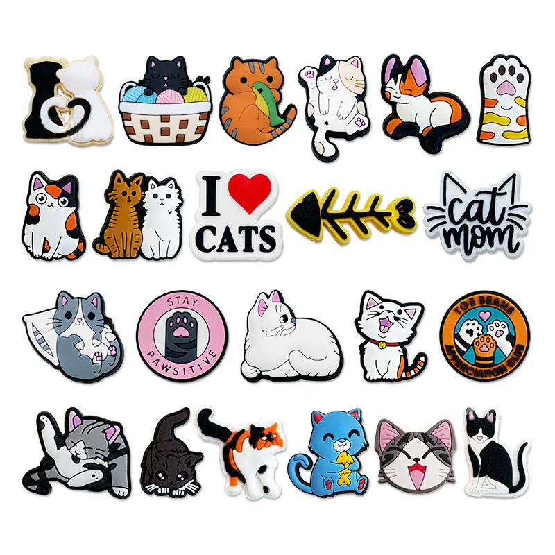 1-22pcs Cute Kawaii Cats Cartoon PVC Shoe Chamrs Croc Accessories Clogs Sandals Shoe Buckle Decoration Pins Kids Friends Gifts