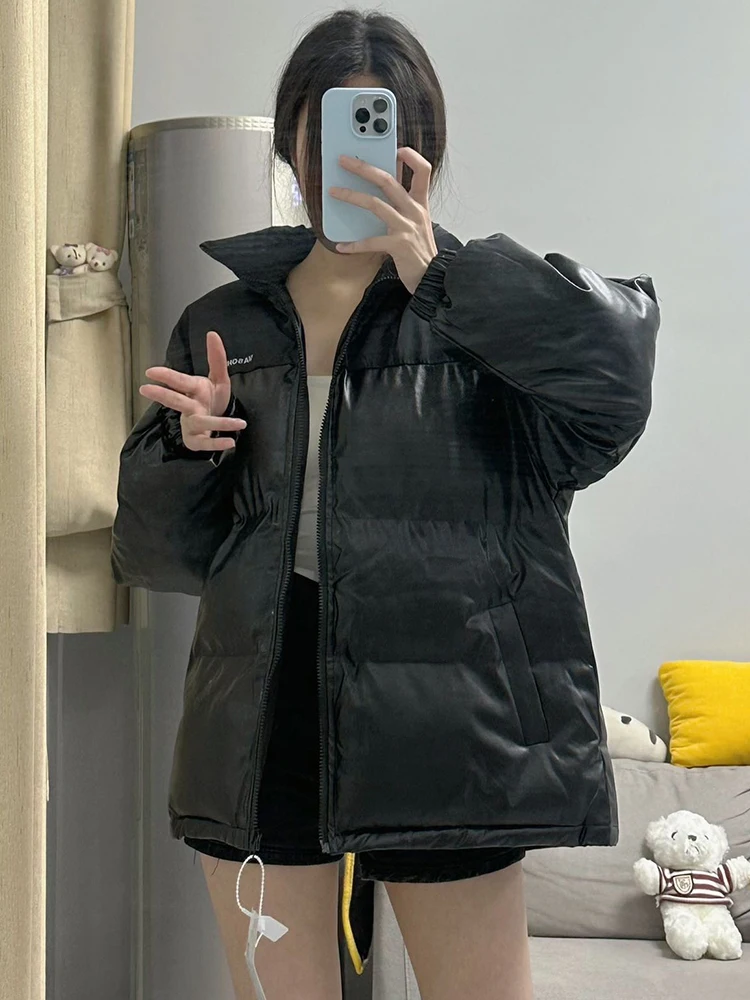 

KING BRAND Women's Thiened Winter Cotton Jaet Loose PU Leather Bread Sle Coat Hip Hop Sle Long Zipper Regular Length