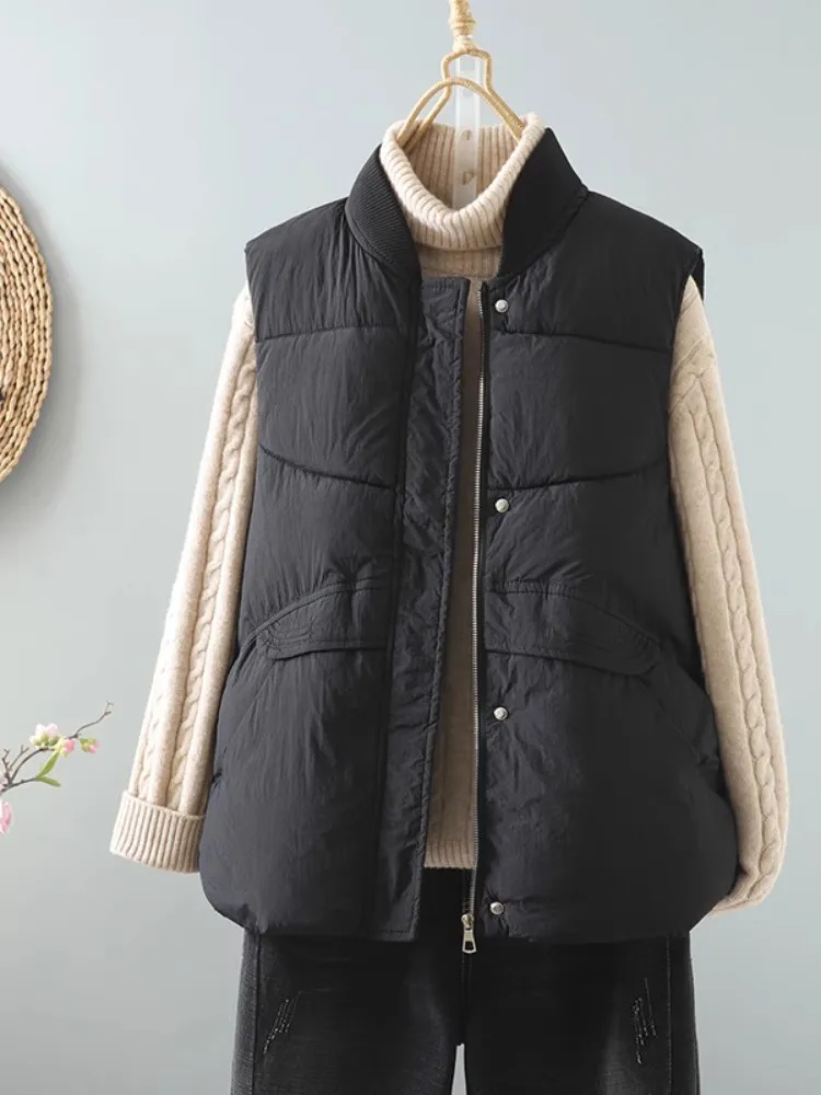 Women Casual Cotton Vest 2024 New Winter Literary Baseball Collar Sleeveless Jackets Office Lady Thick Warm Quilted Waistcoat