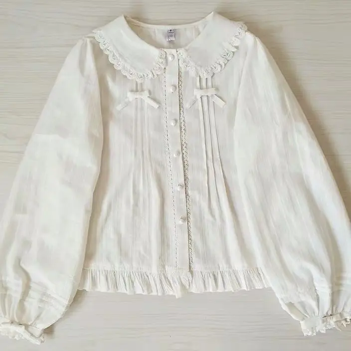Cotton Solid Color White Lolita Inside With Doll Collar Bow Lace Long Sleeve Plush Thick Shirt Sweet