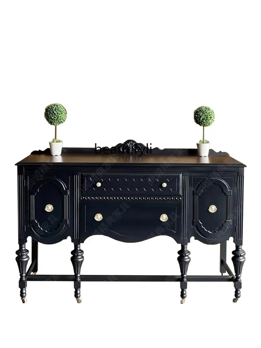 TTT HFrench retro solid wood porch table black American entry foyer decorative cabinet living room engraved locker