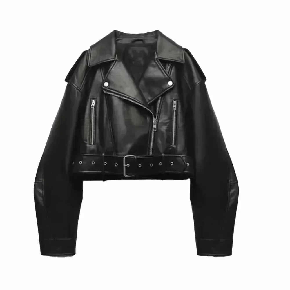 Women New Fashion Belt decoration Cropped Faux leather Jacket Coat Vintage Long Sleeve Zipper Female Outerwear Overshirt