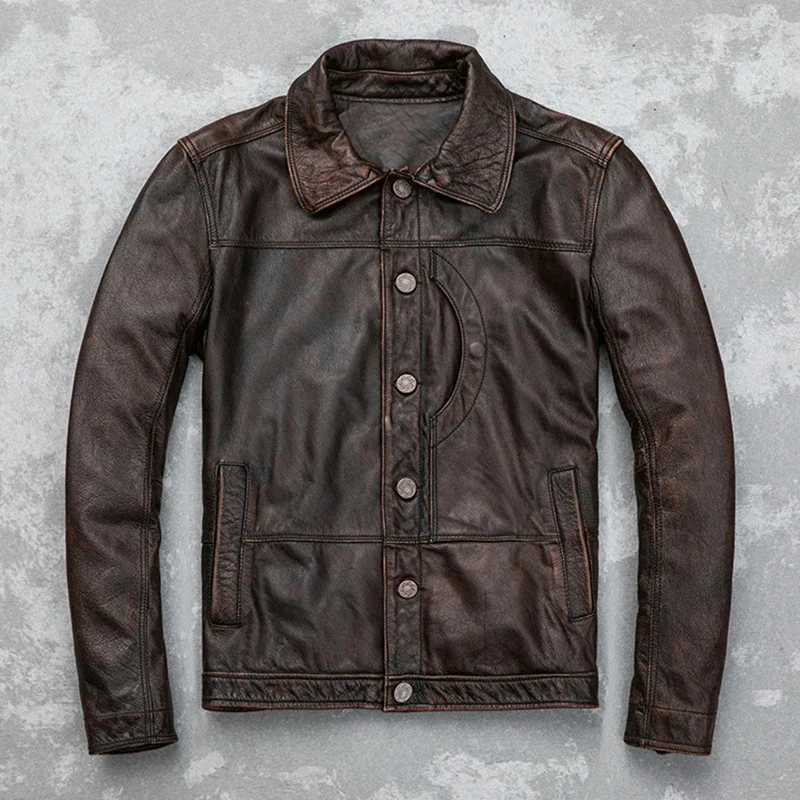 Herren echte Herbst neue Vintage Rindsleder Mantel männlich Retro Distressed kurze Jacke schlanke Revers Chaquetas Hombre