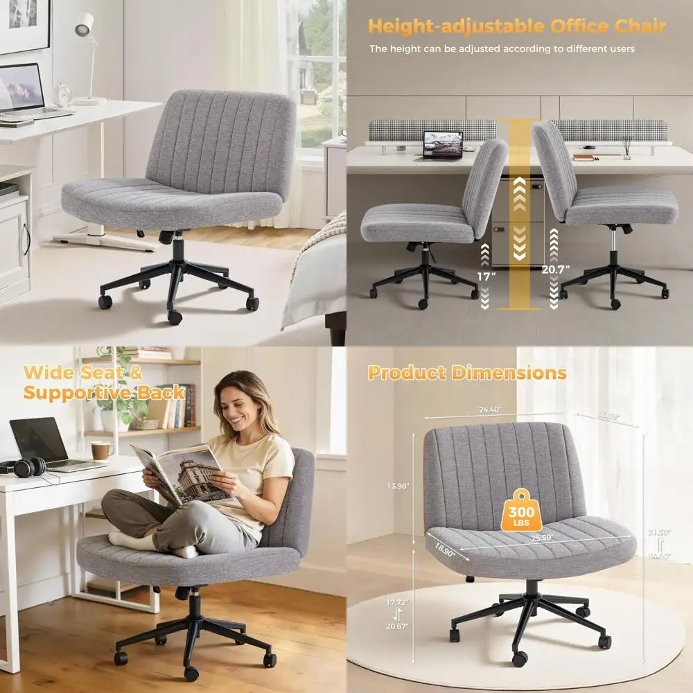 

Ergonomic Armless Swivel Desk Chair with Adjustable Height for Home Office and Study, Comfortable Cross-Legged Vanity Chair on W