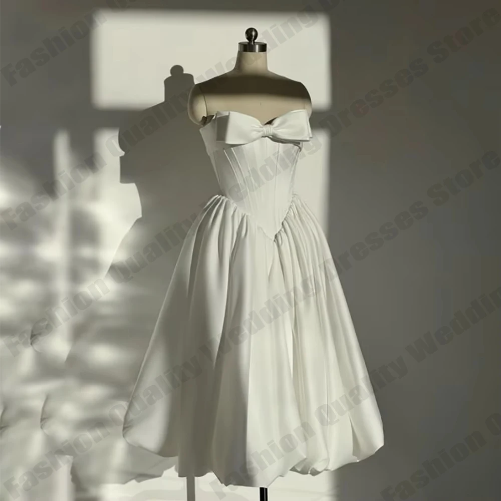 

Простое свадебное платье до колен с бантом, белое/цвета слоновой кости, атласное, А-силуэт, для невесты, с корсетом, на заказ, в стиле принцессы, свадебное платье-роба