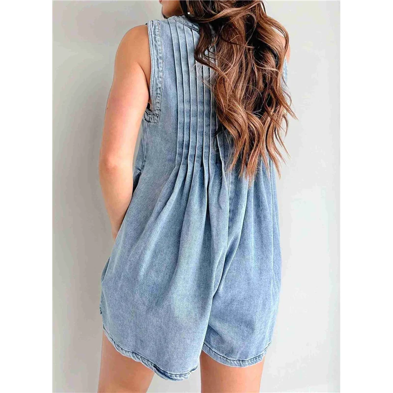 A09P Damen-Shorts, ärmellos, V-Ausschnitt, Denim-Strampler, Schnürung vorne, Rüschen, Jean, kurzer Overall mit Tasche