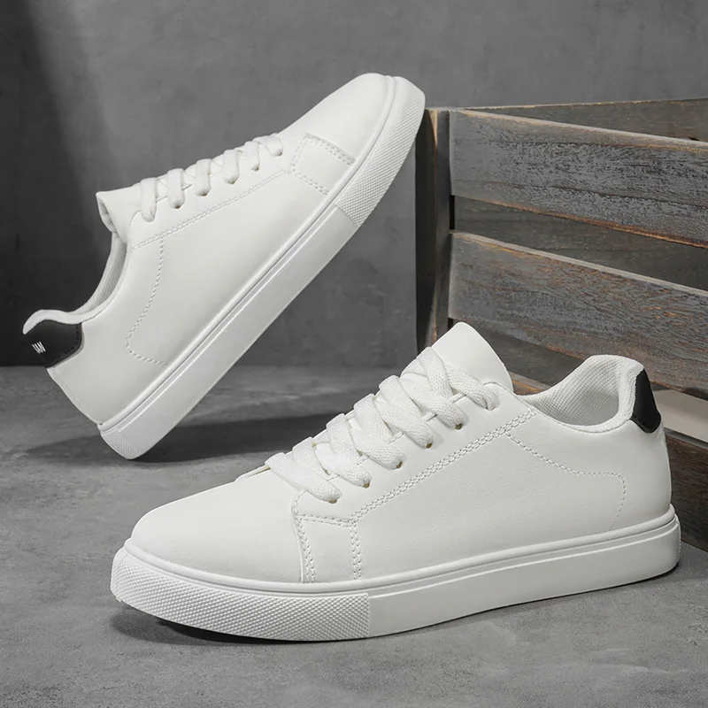 Men Premium Leather Skate Shoes Lace Up Flat Casual Sneakers Non Slip Daily Walking Footwear White Brown 2 Colors