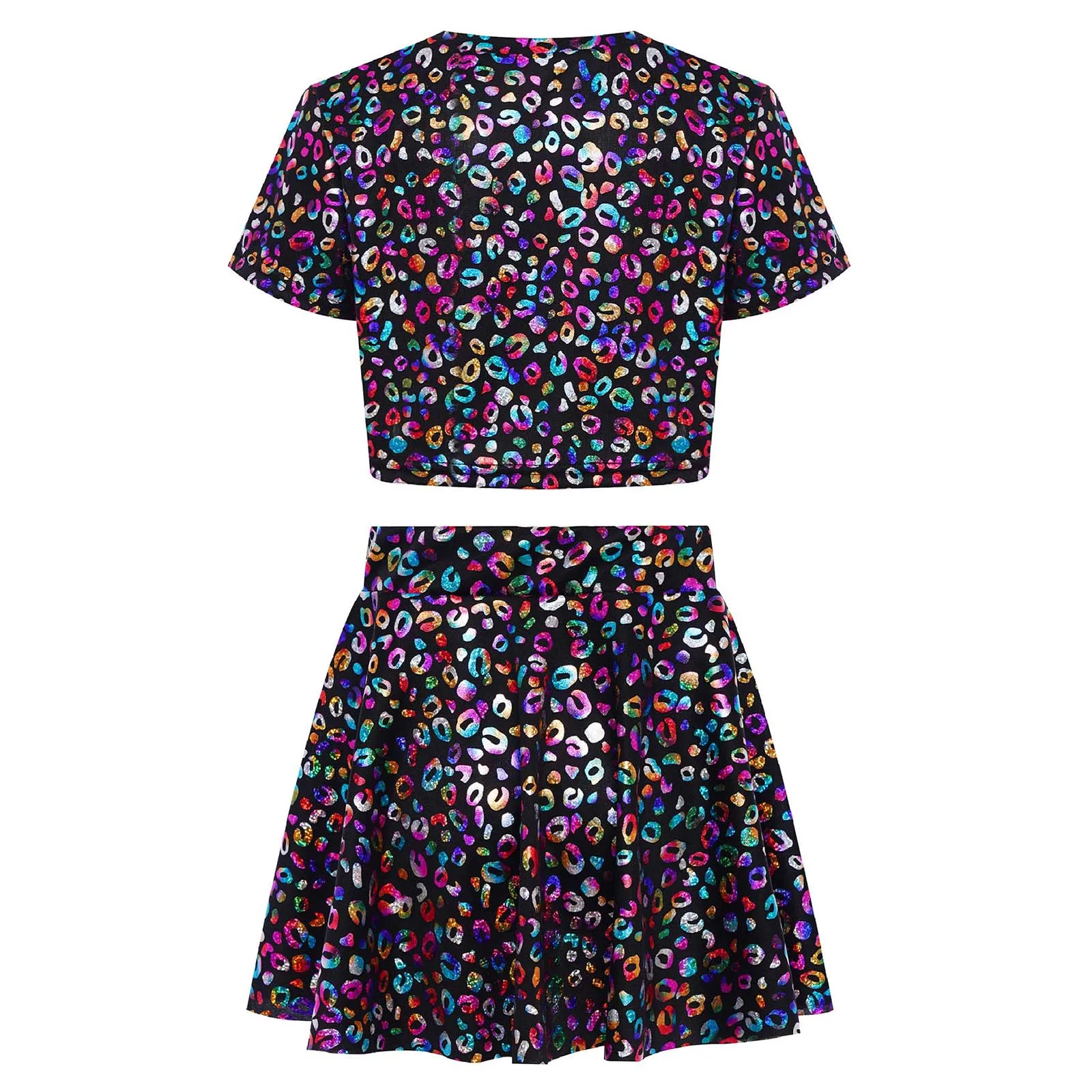 أطفال بنات لامع ليوبارد ملابس قصيرة الأكمام تي شيرت المحاصيل مع تنورة مجموعات التشجيع الجاز أداء الرقص زي #2