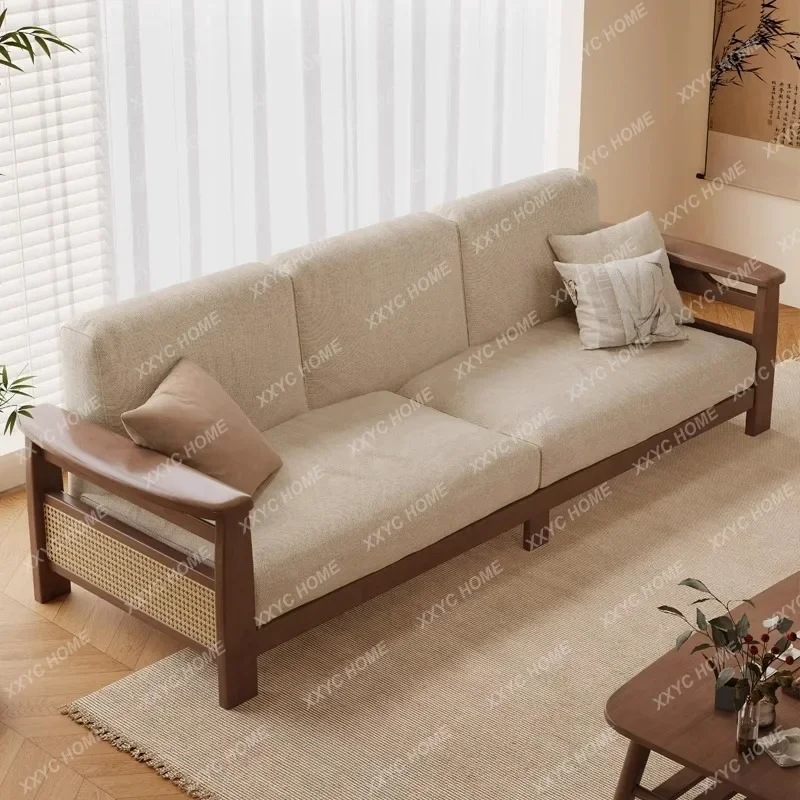 MSolid wood living room three-person straight row sitting area reception Chinese rattan woven wooden faMric sofa