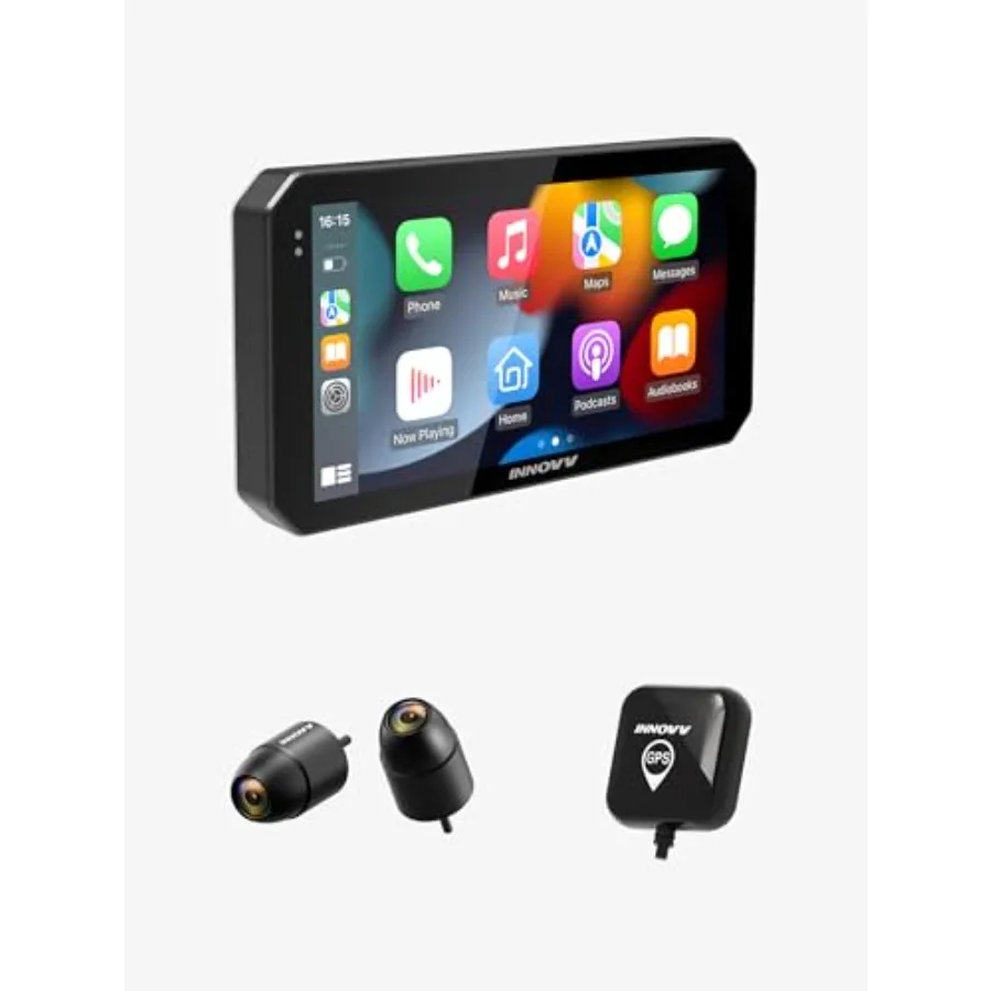 

Motorcycle GPS Navigation with CarPlay Android Auto, 6 Gloved Touch Screen, 2K+2K Dash Cam, IP67 Waterproof, 24H Parking Mode,