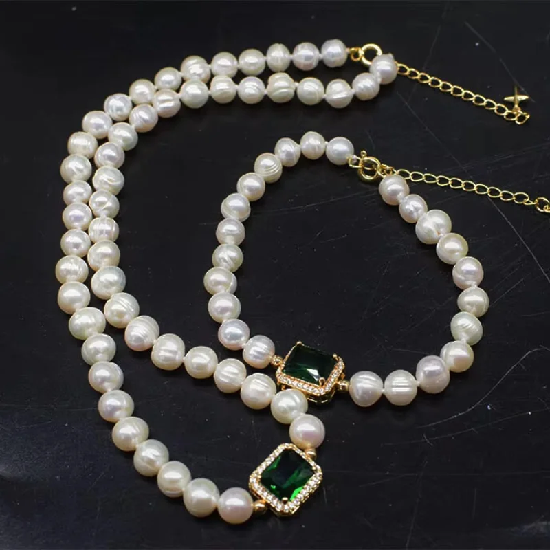 

Set freshwater pearl necklace white near round 7-8mm necklace and bracelet green zircon PENDANT