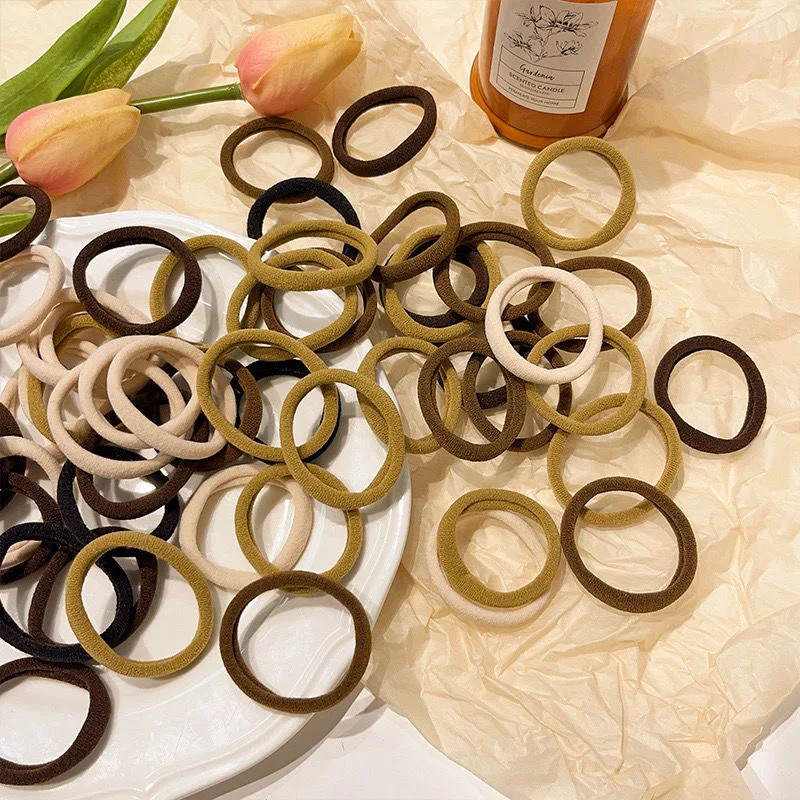 20/200pcs Girls 4.5cm Basic Nylon Hair Rope Rings Sweet Khaki Brown High Elastic Hairbands Ties Ponytail Holders Headbands