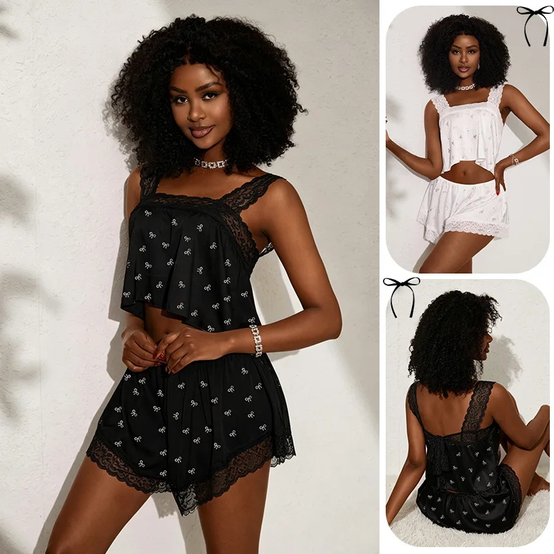 Women's Satin Pajamas Set with Silver Bow Lace, Private Room Atmosphere, Ironing Suspender Shorts Loungewear