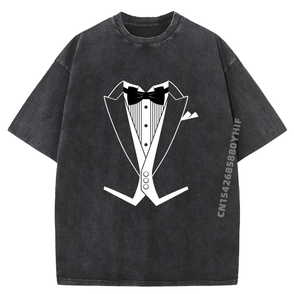 

Short Sleeve Tops Tees Men T-shirts Women Tuxedo Black Bow Tie Casual T-Shirt Retro Washed Shirt Family Funny Printed Tee