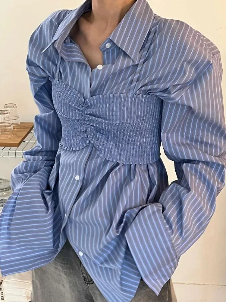 

Шикарный осенний полосатый свободный повседневный стиль с поясом, длинный све, отложной воротник, модный, универсальный, для женщин, эксклюзивный онлайн