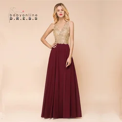 2024 Elegant Gold Appliques Prom Dresses for Women V-Neck Sleeveless A Line Chiffon Long Formal Gown Wedding Party Evening