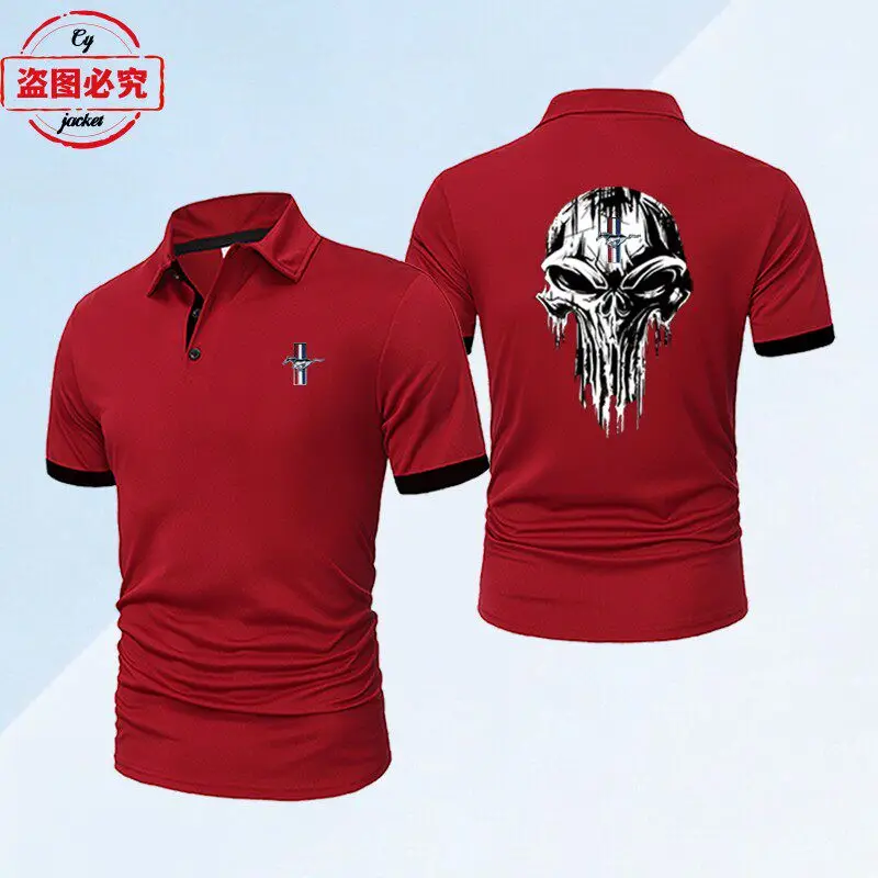 European Size Supercar Logo with Mustang Print Men's Short Sleeved Sports T-shirt, Polo Shirt, Racing Suit, Team Workwear