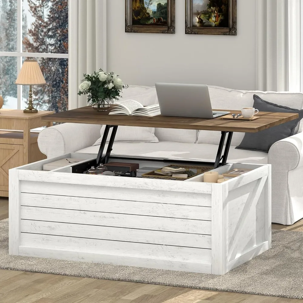 Farmhouse Coffee Table Lift Top with Storage for Living Room, White Coffee Table with Large Hidden Storage Compartment, 48 Inch